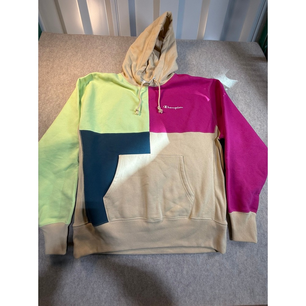 Champion Reverse Weave‎ Colorblock Hoodie Mens XL Patchwork Magenta Tan Green
